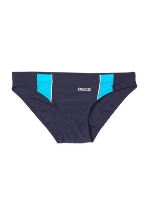 Marineblaue Schwimmshorts mit zwei leuchtend blauen vertikalen Seitenpanelen und weißem Markennamen "BECO" vorne in der Mitte.