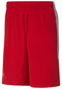 Rote Sportshorts aus leichtem Material, mit einem atmungsaktiven grauen Mesh-Einsatz auf einer Seite und einem elastischen Bund mit Logo-Akzent.