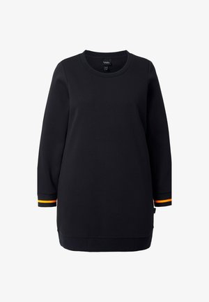 Tunica nera a maniche lunghe realizzata in tessuto morbido. Presenta accenti a righe arancioni e gialli sui polsini e un collo rotondo.