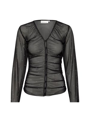 Black sheer long-sleeve top with dotted pattern, ruched design, V-neckline, and front button closure. Soft texture with transparent appearance.
