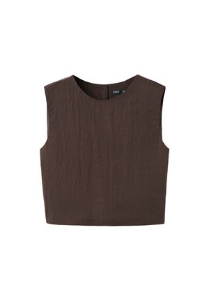 Bezrukávový tmavohnedý krátky top s okrúhlym výstrihom, vyrobený z textúrovaného materiálu, zobrazený na bielom pozadí.