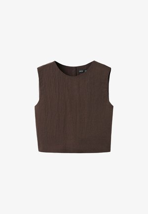 Bezrukávový tmavohnedý krátky top s okrúhlym výstrihom, vyrobený z textúrovaného materiálu, zobrazený na bielom pozadí.
