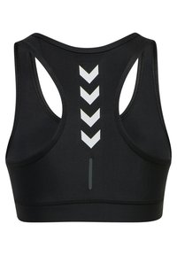 Czarny stanik sportowy z plecami typu racerback, zdobiony białymi wzorami w kształcie chevronu oraz odblaskowymi akcentami na plecach. Gładka tekstura materiału.