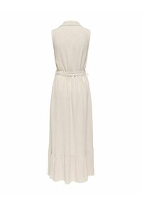 Ujjatlan hosszú bézs ruha gallérral, öves derékkal és fodros szegéllyel, hátulról fehér háttéren mutatva.