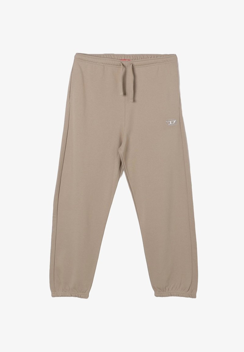 Pantaloni jogger beige con vita elastica e caviglie a costine. Realizzati in tessuto morbido, presentano un piccolo logo sul davanti.