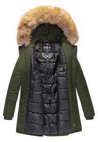 Olive green parka with a detachable fur-lined hood, black padded interior, and pockets. Features elastic cuffs and a drawstring waist.