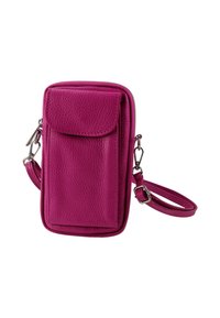 Fuchsia leren crossbodytas met een voorsluiting met klep, ritssluiting en verstelbare band. Getextureerd oppervlak met zilverkleurige metalen accenten.