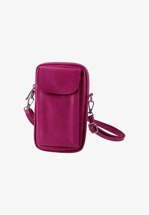 Fuchsia leather crossbody bag with a front flap pocket, zip closure, and adjustable strap. Textured surface with silver-tone hardware accents.