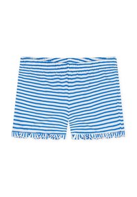 Gestreifte Shorts aus blauem und weißem Baumwollstoff, mit elastischem Bund und gerafftem Saum am unteren Ende. Die Streifen sind gleichmäßig verteilt.