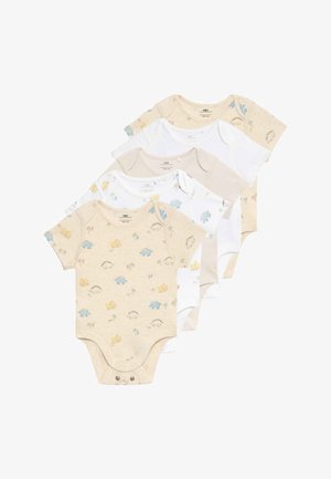 Juego de cinco bodysuits de bebé de manga corta en beige, blanco y marrón claro, con patrones de dinosaurios y cierres a presión en la parte inferior.