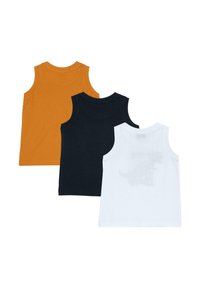 Tre ärmlösa t-shirts i orange, marinblå och vit. Mjuk bomullstyg med rund hals; den vita t-shirten har ett subtilt dinosauriemönster.