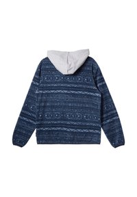 Navy patterned hoodie with gray hood, featuring geometric designs, long sleeves, and a relaxed fit. Fabric appears soft and textured.