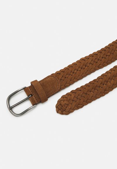 Braided brown suede belt with a metal buckle. Features a soft texture and a tapered end detail.