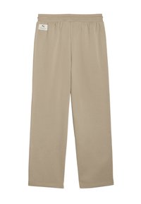 Beige sweatpants med elastisk talje, lavet af blødt stof, med et lille logo-tag øverst til venstre. Lige ben-design, ingen mønstre.