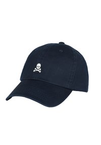 Navy blue cotton baseball cap with a rounded crown, curved brim, and white embroidered skull and crossbones detail on the front.