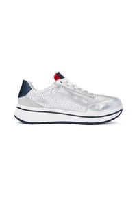 Silver perforated fabric sneaker with a rounded toe, navy heel accent, white midsole, and red top loop. Lightweight and breathable design.
