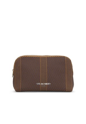 Prostokątna tkaninowa saszetka w brązowe i granatowe paski z zamkiem błyskawicznym i nadrukowanym logo „ILSE JACOBSEN” na środku przedniej części.