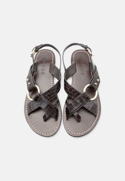 Σκούρα καφέ δερμάτινα επίπεδα σανδάλια με σταυρωτούς ιμάντες, χρυσά αγκράφα και ιμάντες αστραγάλου σε λευκό φόντο.