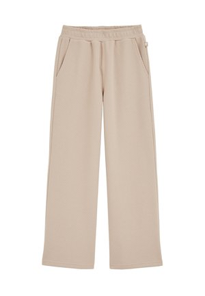 Lichtbeige wijde broek met een textuurpatroon, elastische tailleband en twee zijzakken. Gemaakt van ademende stof.