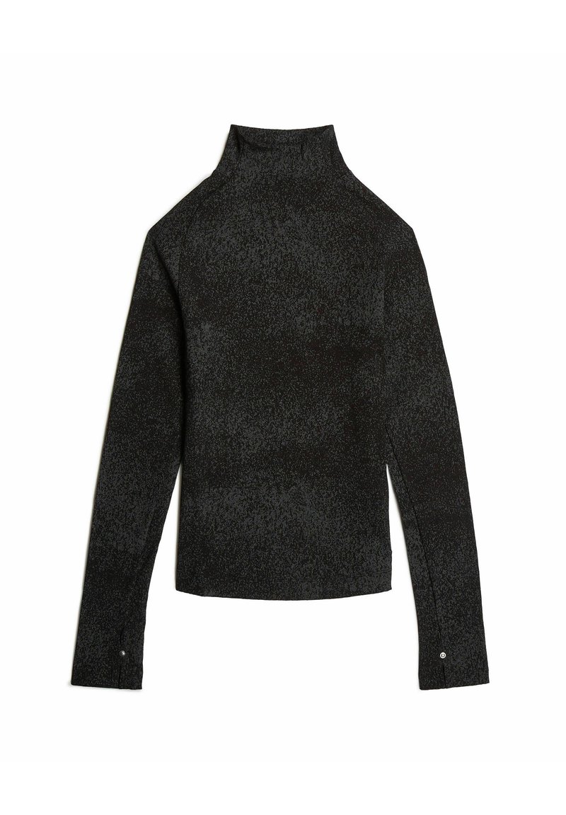 Czarna bluzka z długim rękawem i wysokim kołnierzem, wykonana z fakturowanej tkaniny oraz delikatnym wzorem. Zawiera boczne rozporki oraz zapięcia na napy przy mankietach.