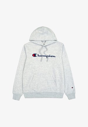 Grauer Kapuzenpullover mit einer Vordertasche, gerippten Bündchen und einem auffälligen dunkelblauen "Champion"-Logo mit rotem Akzent.
