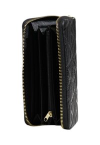 Portafoglio in pelle nera con motivo a rombi, zip dorata, più scomparti e una sezione con zip all'interno per una maggiore organizzazione.