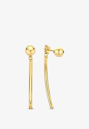 Ohrringe in Goldoptik mit einem langen, gebogenen Stabdesign und einer kugelförmigen Akzentuierung oben. Die Oberfläche ist glatt und glänzend.