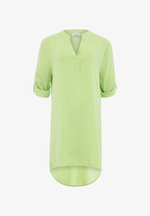 Jasnozielona tunika z kołnierzem mandaryńskim, krótkimi rękawami z podwinięciem oraz lekko zaokrąglonym dołem. Teksturowany materiał z tkanym wzorem.