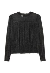 Zwarte blouse met lange mouwen, geplooid ontwerp, doorschijnende stof, subtiele glinsterende textuur en een keyhole-opening aan de achterkant.