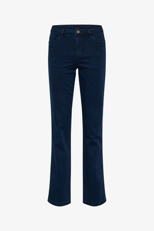 Tamno plavi traperice sa zvonastim nogavicama u klasičnom pet-pocket dizajnu, s prednjim kopčanjem na dugme i suptilnim detaljima šivenja.