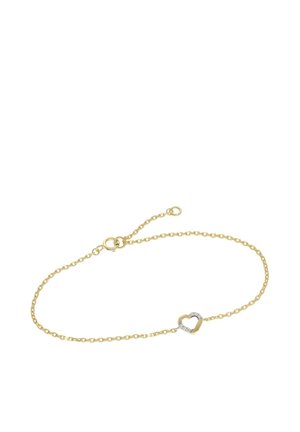 Delicate gold chain bracelet with a small heart-shaped charm, half decorated with tiny clear stones, and a spring ring clasp.