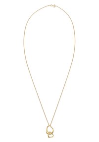Guldfarvet halskæde med en delikat kæde og to sammenflettede hjerteformede vedhæng. Glat metaloverflade med minimalistisk design.