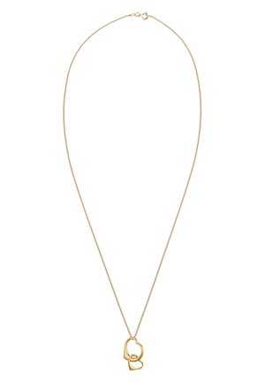 Guldfarvet halskæde med en delikat kæde og to sammenflettede hjerteformede vedhæng. Glat metaloverflade med minimalistisk design.