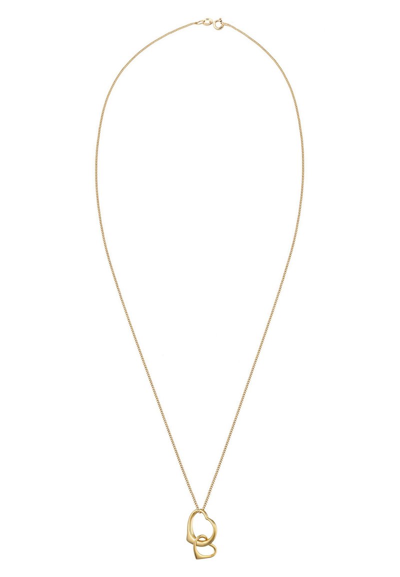 Guldfarvet halskæde med en delikat kæde og to sammenflettede hjerteformede vedhæng. Glat metaloverflade med minimalistisk design.