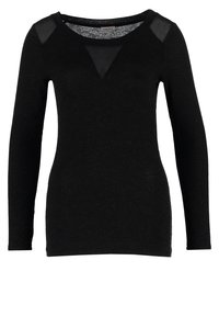 Svart långärmad topp, gjord av mjukt tyg, med en rund halsringning som har genomskinliga paneler på axlarna och en V-formad detalj framtill.