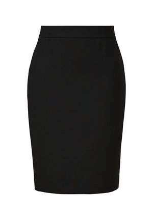 Zwarte kokerrok, slim fit, gladde stof, hoge tailleband, knie-lengte, geen zichtbare patronen of versieringen. Schone, klassieke uitstraling.