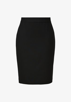 Schwarzer Bleistiftrock, taillierte Passform, glattes Material, hoher Bund, knielang, keine sichtbaren Muster oder Verzierungen. Sauberes, klassisches Design.