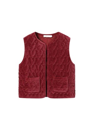 Sleeveless quilted red vest with heart stitching pattern and two front pockets, displayed on a white background.