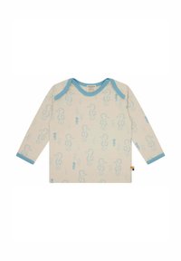 Camicia a maniche lunghe in cotone crema con dettagli azzurri, caratterizzata da un motivo di cavallucci marini giocoso e un collo rotondo.