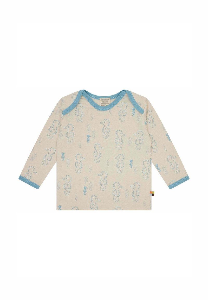 Camicia a maniche lunghe in cotone crema con dettagli azzurri, caratterizzata da un motivo di cavallucci marini giocoso e un collo rotondo.