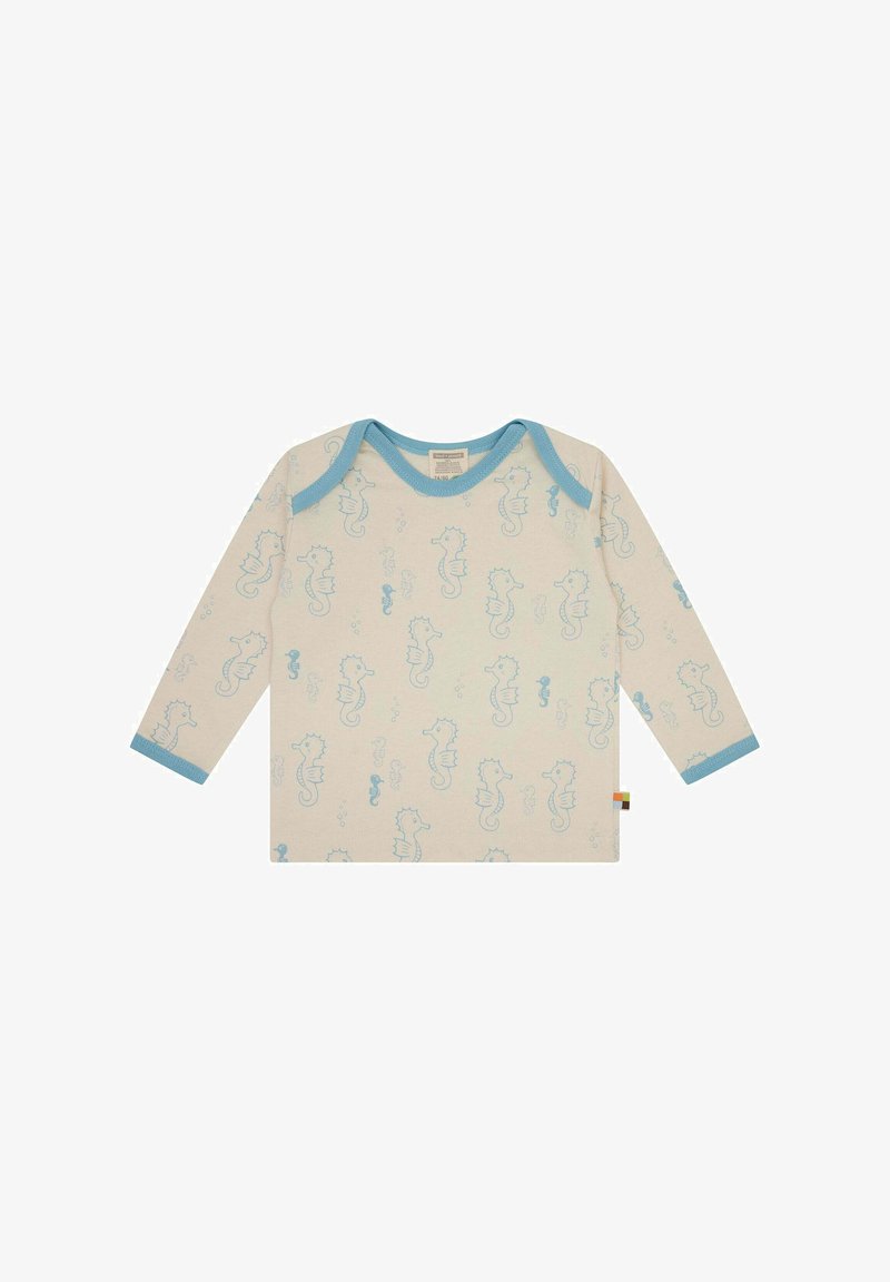 Langarmshirt aus cremefarbenem Baumwollstoff mit hellblauen Akzenten, das ein verspieltes Seepferdchen-Muster und einen runden Halsausschnitt aufweist.