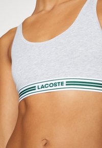Siv pametni bralette iz bombaža z širokim pasom v belih in zelenih črtah, ki vsebuje logo "LACOSTE", gladka tekstura in športna zasnova.