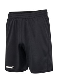 Svarta sportshorts gjorda av lätt och andningsbart tyg. Har ett elastiskt midjeband och en vit logotyp på vänster nederkant.