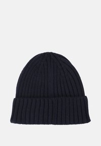Berretto a cuffia lavorato a maglia di colore blu navy con texture a coste e orlo arrotolato, realizzato in misto lana per calore e comfort.