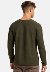 Maglione a maniche lunghe verde oliva con lavorazione a maglia texturizzata, scollatura rotonda e polsini aderenti, visto da dietro.