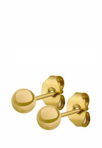 Goldene Metall-Stiftohrringe mit runden, glänzenden Kugeln. Einfaches Design mit geradem Stift und Schmetterlingsverschluss. Glatte Textur und Oberfläche.