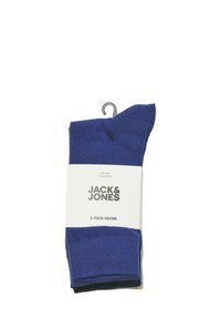 Vijf paar sokken in blauw, zwart en donkergroen; katoenrijk materiaal; gladde textuur; voorzien van merknaam en maatinformatie.