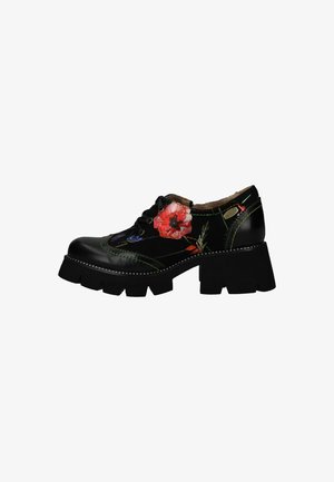 Scarpa in pelle nera con ricami floreali in rosso, blu e verde. Tacco spesso nero e dettagli di cucitura a contrasto sulla parte superiore.