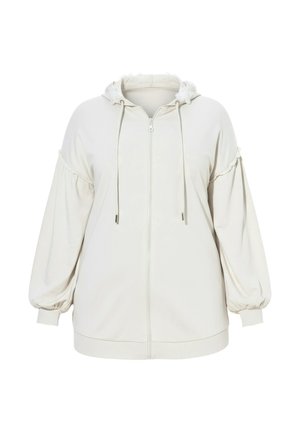 Krémová mikina s kapucí a zipem, se shromážděnými nabíranými rukávy, šňůrkami a žebrovanými lemy na rukávech a spodním okraji.