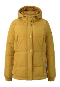 Žlutá péřová bunda s kapucí, zipovými kapsami a patentkami. Má prošívanou strukturu a elastické manžety pro pohodlné nošení.